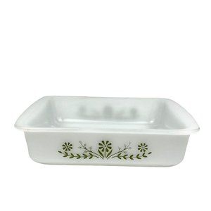 Vintage Glasbake Square Casserole Dish Milk Glass Green Flowers 8 in. J2428